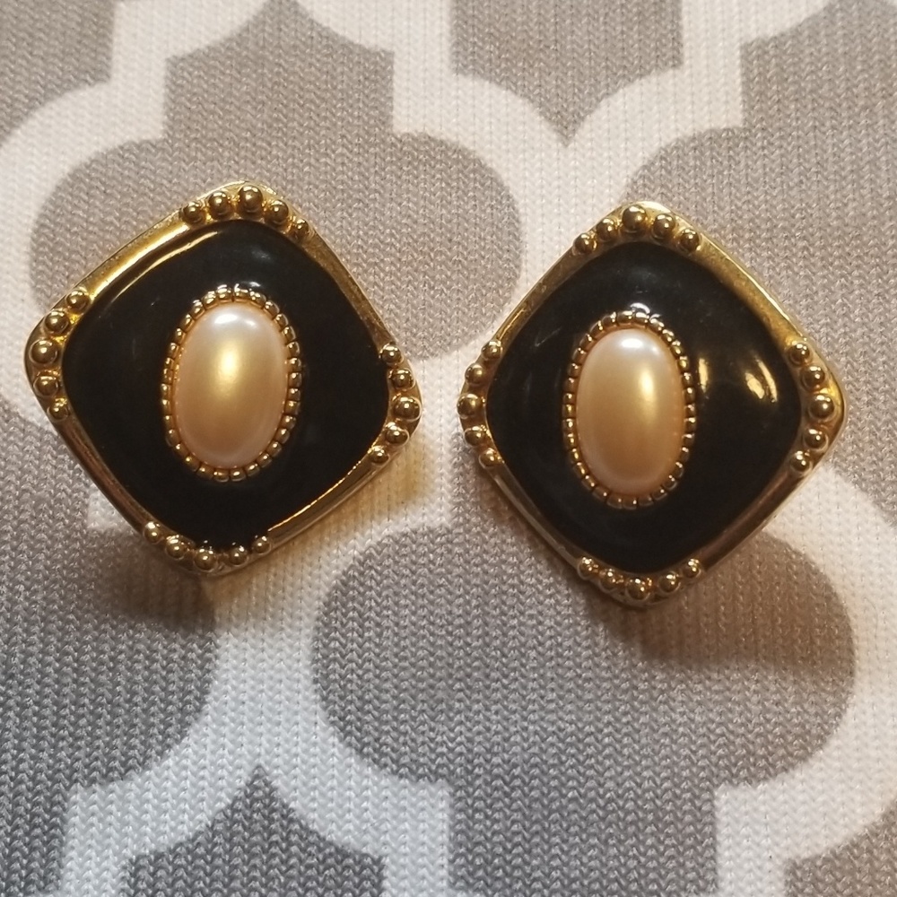 Pearl, Black Enamel Gold Post Earrings